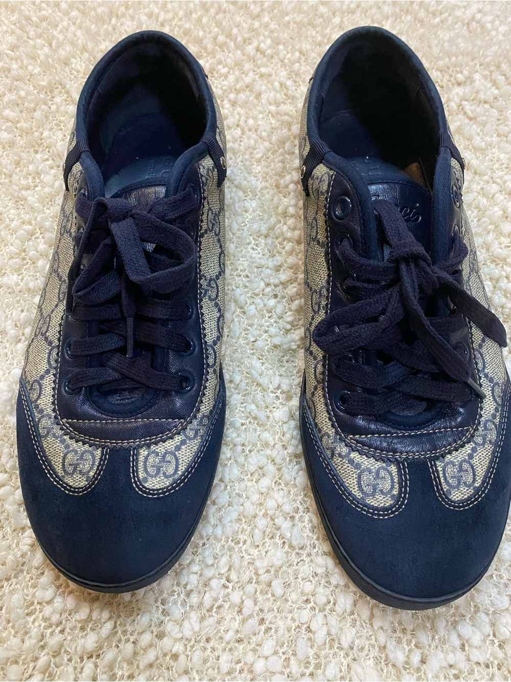Gucci Navy and Beige GG Canvas Lace-Up Sneakers